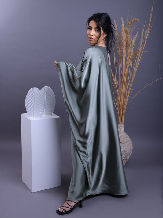 Olive Mist – Olive mist butterfly abaya – soft flowy abaya by Dyvine Dubai
