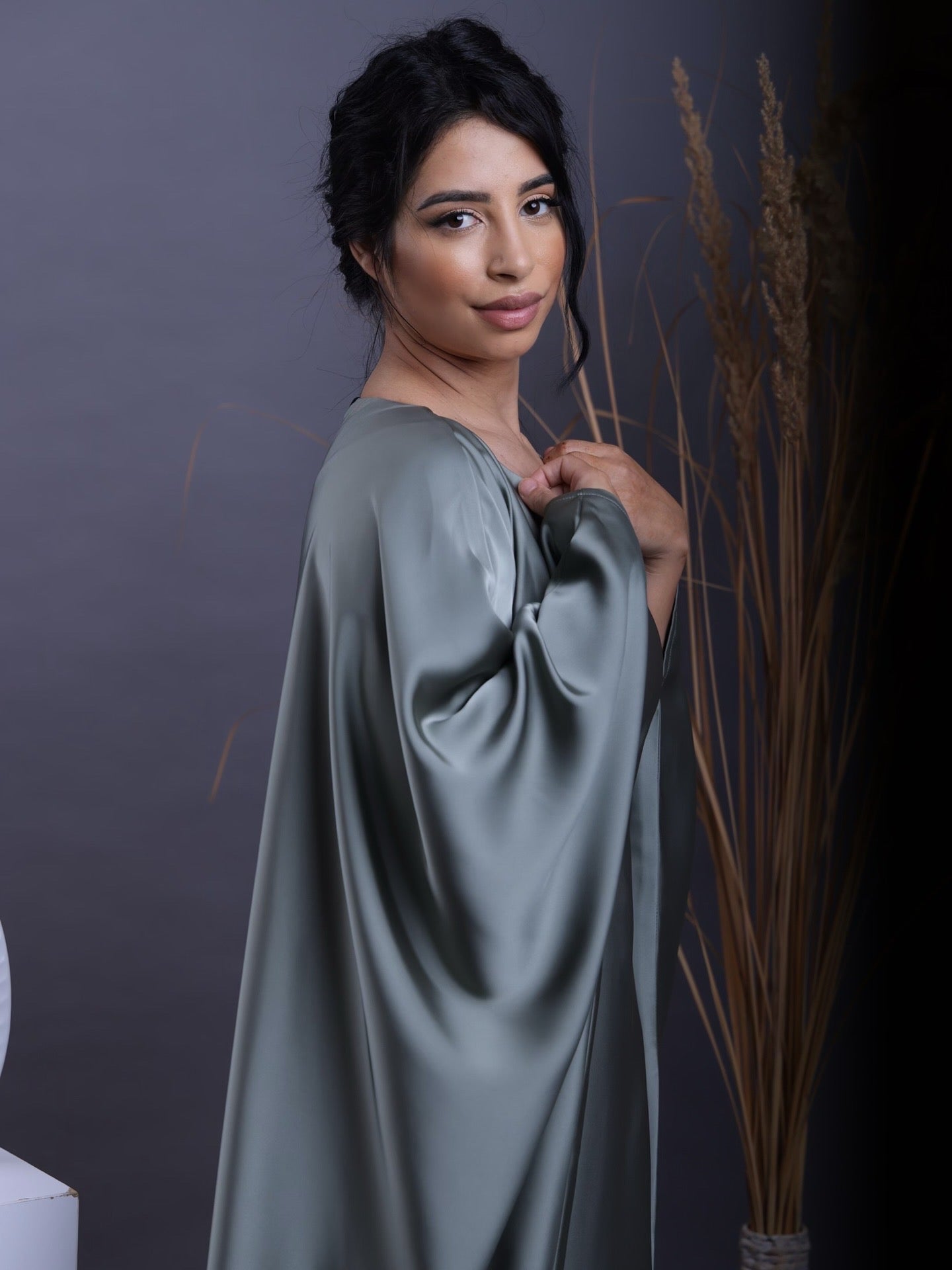 Olive Mist – Olive mist butterfly abaya – soft flowy abaya by Dyvine Dubai
